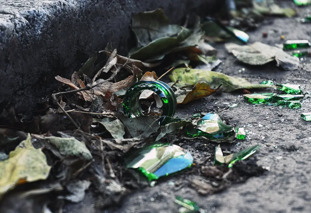 Grüne Glasscherben zwischen Laub auf dem Boden
